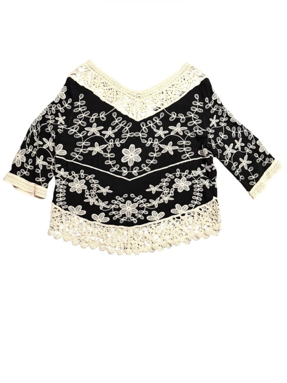 Anthropologie Solitaire Crochet Black Blouse with Cream Floral Embroidery